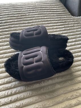 UGG Black Plush Logo Slide Sandals
